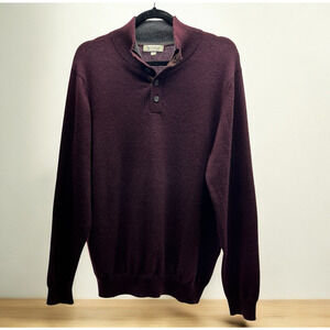 Kinross Cashmere 100% Cashmere Henley Sweater Maroon With Brown Elbow Patches M